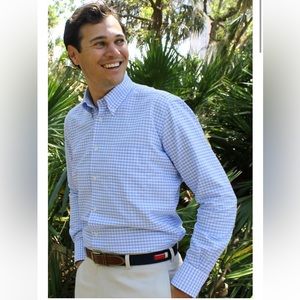 •IZOD•BLUE & WHITE GINGHAM BUTTON UP COLLAR SHIRT LARGE(34/35) 16-16 1/2 NECK